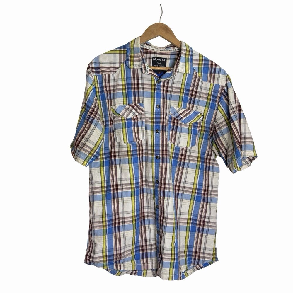 KAVU Shirt Mens Large Green Blue Plaid Short Slv Button Up Pocket Camp Button Up